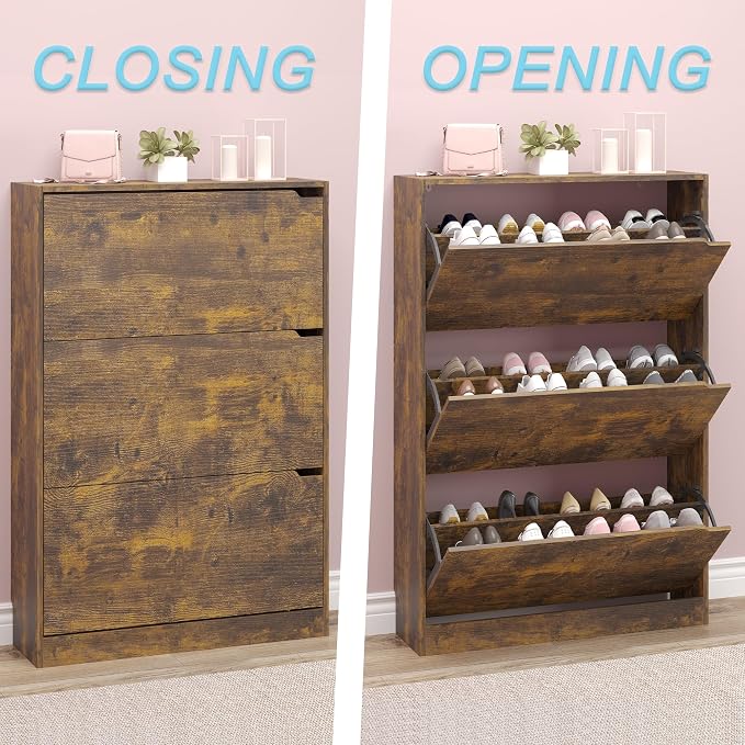 BORNOON Shoe Cabinet with 3 Flip Drawers, Hidden Wood Shoe Cabinet,Freestanding Shoe Storage Cabinet for Entryway Hallway - Image 5
