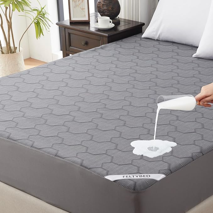 King Size Waterproof Mattress Protector, 40% Rayon Derived from Bamboo Grey Mattress Pad Cover, 3D Air Fabric Breathable Mattress Pad Fitted with Deep Pocket 6"- 15" Machine Washable