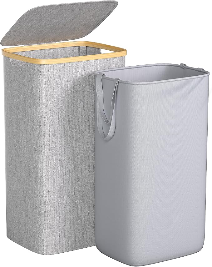 Foluck Large Laundry Hamper, 100L Waterproof Laundry Basket with Lid and Removable Bag, Collapsible Tall Clothes Hamper with Bamboo Handles for Clothes Toys in Dorm Bedroom Bathroom, Grey by Foluck
