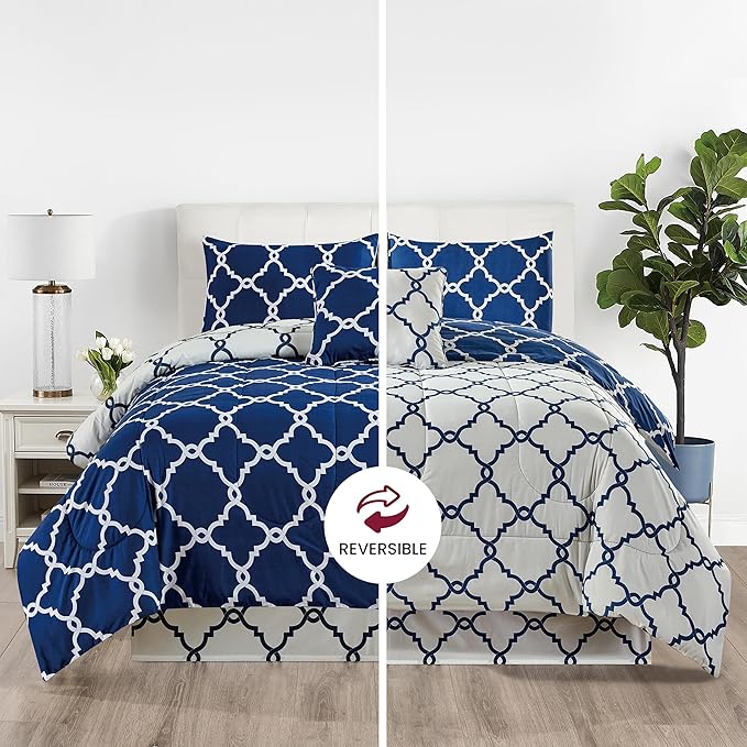 LUX Décor Reversible 5pc Queen Comforter Set, Printed Bedding Set, All-in-One Bed in a Bag, Includes 1 Comforter, 2 Pillow Shams, 1 Decorative Pillow & 1 Bed Skirt (Quatrefoil Navy,Queen)