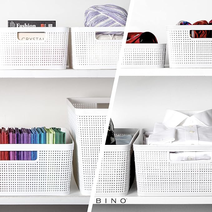 BINO | Woven Plastic Basket | Medium (White), 4-Pack | THE JUTE COLLECTION | Home Organization, Space - Saving Storage, Stylish Design | Jute Basket | Plastic Storage Basket - Image 4