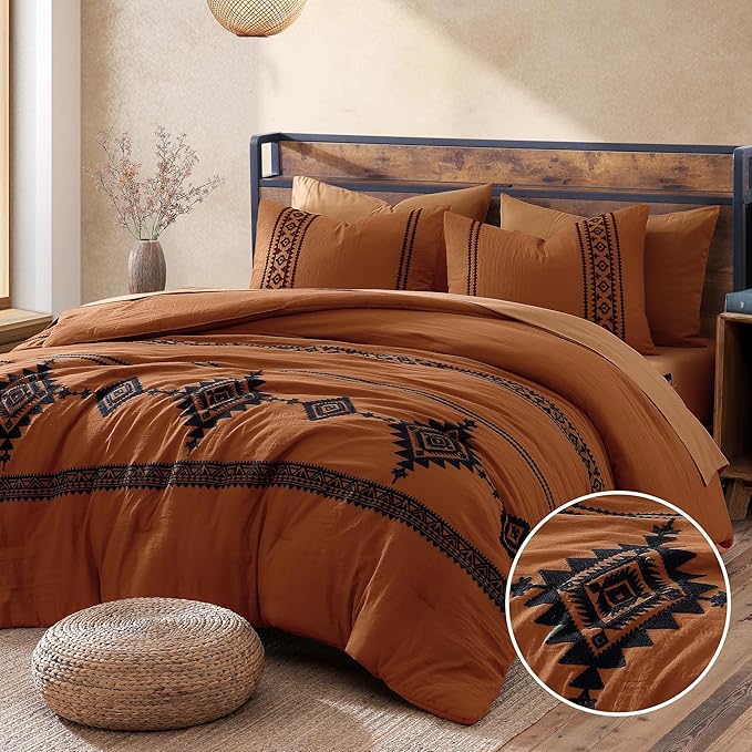 MaiRêve Embroidery Comforter Set, Boho Farmhouse Western Bedding Set, All Season Bed in A Bag Comforter Set with Sheets, Pillowcases & Shams, Burnt Orange Oversized Queen 7 Pieces