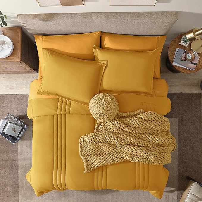 Monbix Queen Comforter Set - 7 Pieces Bright Yellow Bed in a Bag Queen Bedding Sets with Comforters, All Seasons Comforter Bed Set with Sheets,Pillowcases & Shams