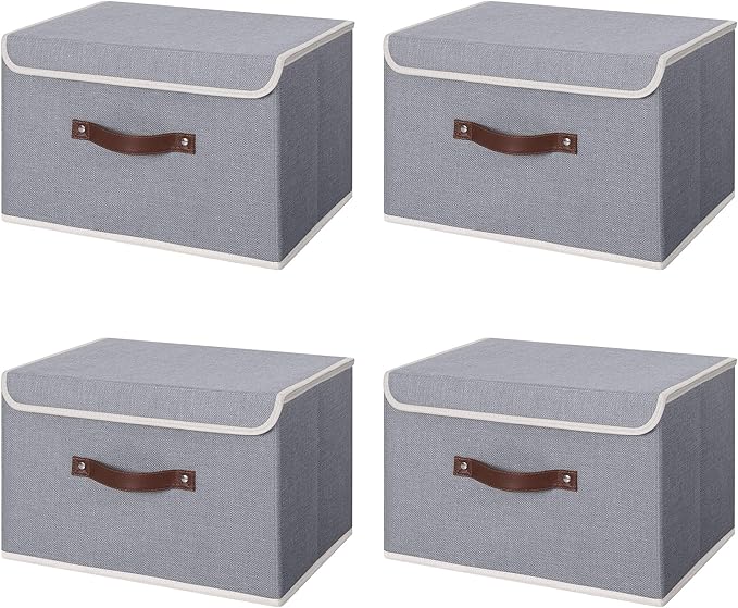 ANMINY 4PCS Storage Bin with Lid Storage Boxes with PU Leather Handles PP Plastic Board Decorative Foldable Lidded Cotton Linen Fabric Home Cubes Baskets Closet Organizer Container - Gray, Medium by ANMINY
