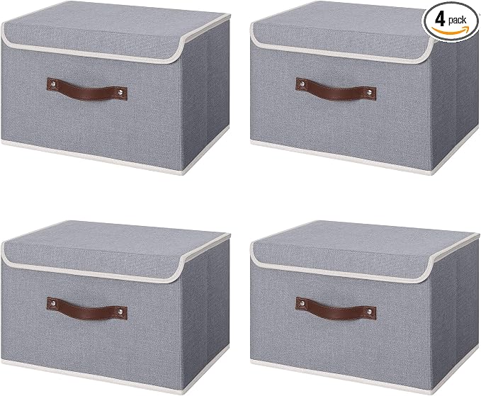 ANMINY 4PCS Storage Bins with Lid PU Leather Handles Storage Boxes PP Plastic Board Decorative Foldable Lidded Cotton Linen Fabric Home Cubes Baskets Closet Organizer Containers - Gray, Large Size by ANMINY