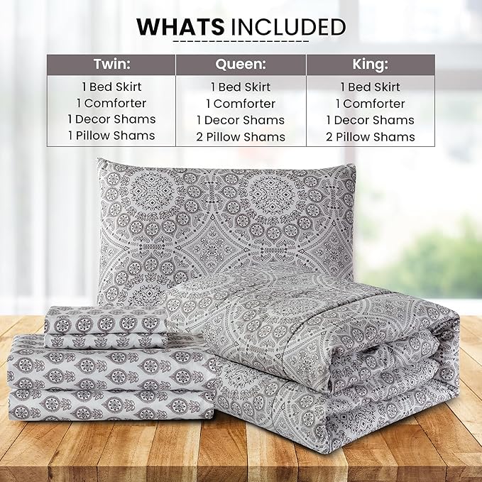 LUX Décor Reversible 5pc King Comforter Set, Printed Bedding Set, All-in-One Bed in a Bag, Includes 1 Comforter, 2 Pillow Shams, 1 Decorative Pillow & 1 Bed Skirt (Aztec Grey,King)