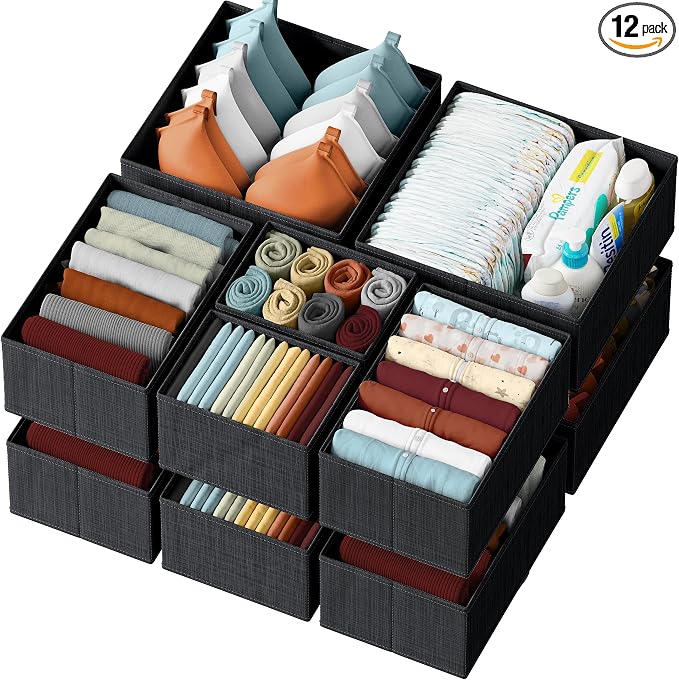 Drawer Organizer Clothes Set of 12 Black - Dresser Organizer For Nursery, Bedroom, Closet - Perfect Baby Clothes Organizer and Storage & General Nursery Organization or Dresser Drawer Organizers by Neaterize