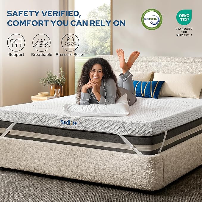 BEDLORE Queen Mattress Topper, 3 Inch Gel Memory Foam Mattress Pad with Straps for Back Pain Relief, Medium-Firm Bed Topper, Breathable & Non-Slip with Removable Washable Cover