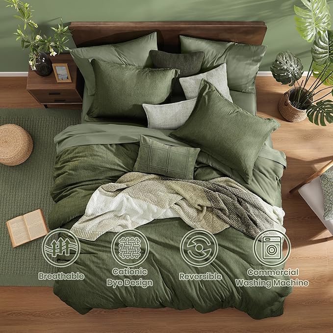 Monbix Super King Plus Comforter Set, Olive Green Cationic Dyeing Bedding Set Reversible, Bed in a Bag 7 Pieces with Comforter, Sheets, Pillowcases & Shams