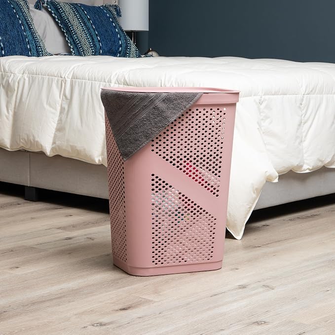 Mind Reader Slim Laundry Hamper with Lid, 60L Clothes Basket, Ventilated Plastic, Pink - Image 2
