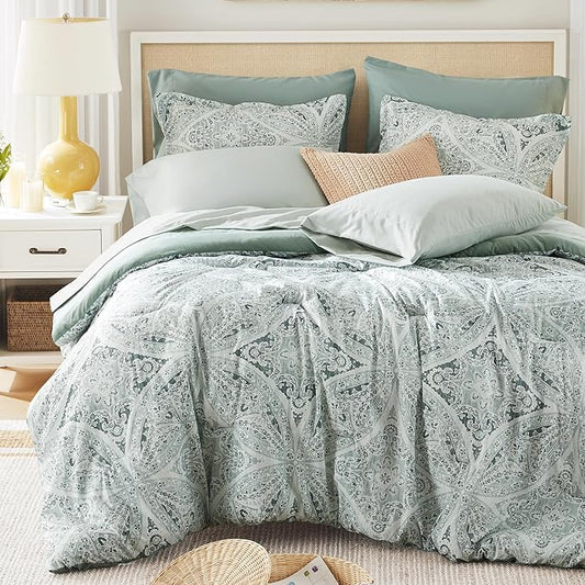 Comfort Spaces Bed in A Bag Comforter Set - Trendy Casual Design King Comforter with Complete Sheet Set with Side Pocket, All Season Comforter King, Shams, Gloria, King Green 9 Piece