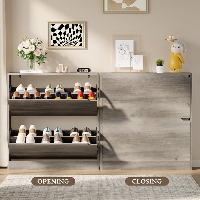 BORNOON Shoe Cabinet with 2 Flip Drawers, Slim Narrow Shoe Storage Cabinet, Freestanding Shoe Organizer with Adjustable & Removable Shelves, Top Display Shelf for Entryway, Hallway, Foyer, Closet - Image 5