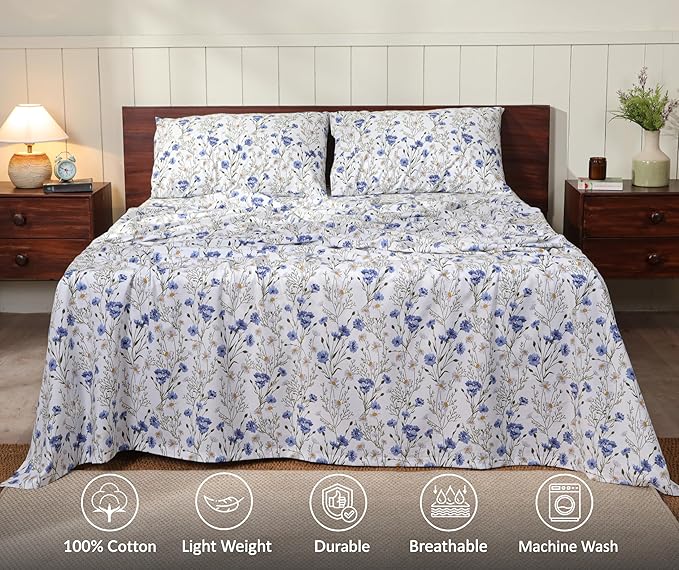 RUVANTI 100% Cotton Sheets – California King Percale Bedding, Cooling & Breathable Floral Design, Durable with a Crisp, Soft & Comfortable Feel, 14" Deep Pocket, 4-Piece Set, Sweet Pea
