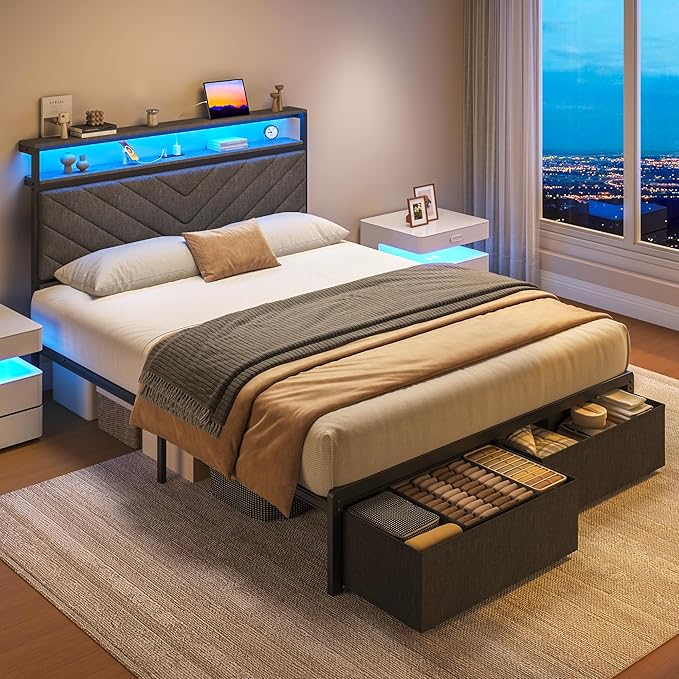 Fluest Full Bed Frame with 2 Drawers, Upholstered Headboard with Storage and Charging Station, LED Lights, Fabric Drawers with Wheels, Under Bed Storage, No Box Spring Needed, Easy Assembly, Grey