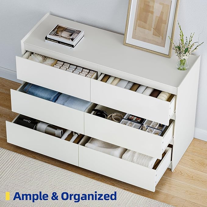 White Dresser for Bedroom, 47" Wide Chest of Drawers, Modern 6 Drawer Storage Organizer for Closet, Hallway, or Living Room