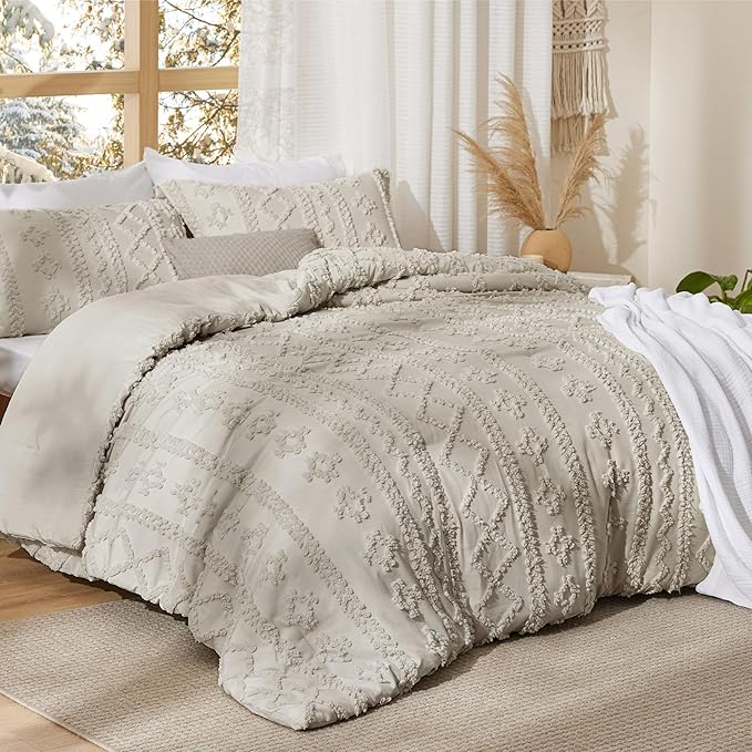 Bedsure Tufted Boho Comforter Set Oversized Queen - Linen Boho Bed Set, GentleSoft™ 3 Pieces Farmhouse Shabby Chic Embroidery Bedding, Gifts for Woman, Soft Jacquard Comforter for All Seasons