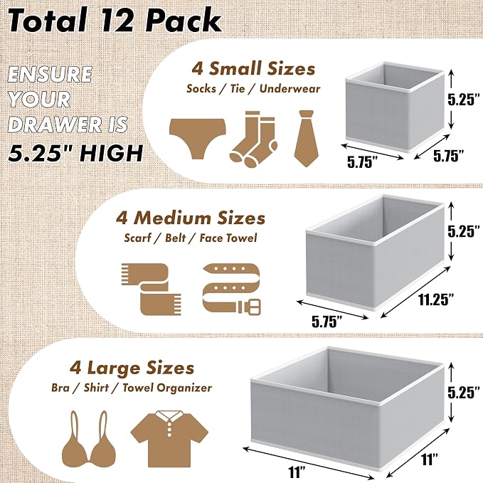 SIMPLE HOUSEWARE Foldable Drawer Organizer for Clothes/Underwear/Panty/Onesie Stocking Bin, Set of 12, Gray - Image 2