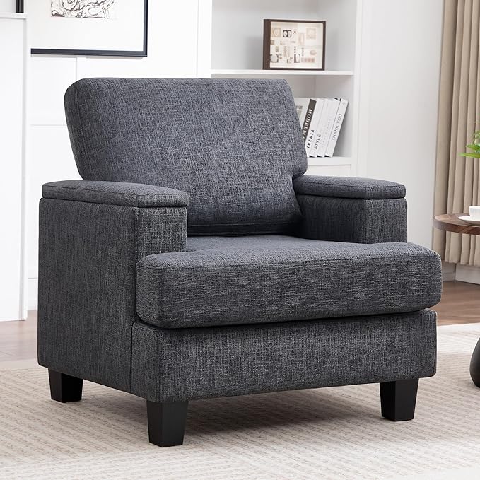 Accent Chair for Living Room, Modern Upholstered Reading Chairs with Armrest Storage, Comfy Large Armchair, Fabric Single Sofa Chair for Bedroom (Dark Grey)