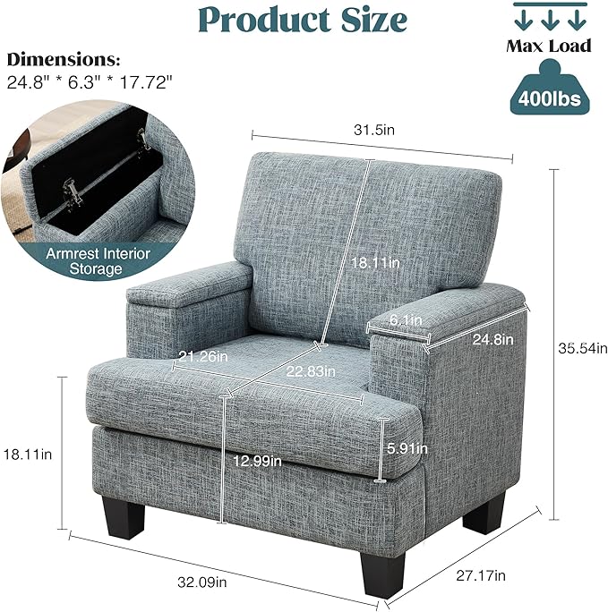 Oversized Accent Chair with Armrest Storage, Modern Upholstered Reading Living Room Chairs, Comfy Large Armchair, Fabric Single Sofa Chair for Bedroom (Bluish Grey)