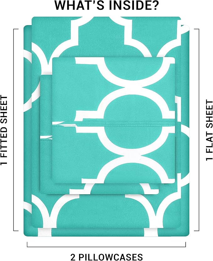Utopia Bedding Queen Sheet Set, Soft Microfiber 4 Piece Bed Sheets with 15" Deep Pocket - Easy Care Brushed Microfiber (Quatrefoil - Aqua)