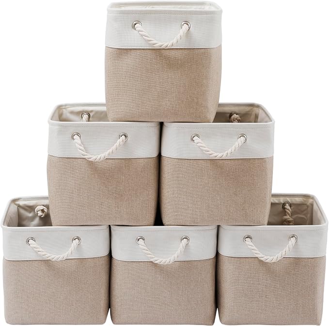 MidmmVick 13 x 13 Inch Cube Storage Bins, 6 Pack Extra Large Collapsible Fabric Storage Bin with Ropes, Foldable Storage Cubes for Home (White & Beige-13"x13"x13") by Midmmvick