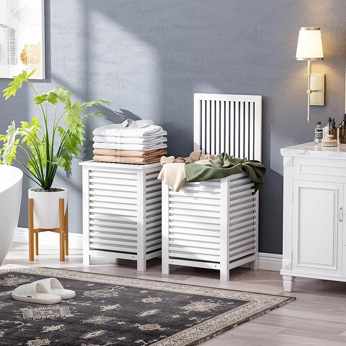SMIBUY Double Laundry Hamper with Lid, 120L Bamboo Laundry Basket with Removable Liner Bag, 2-Section Clothes Divider Laundry Sorter for Laundry Room, Bathroom, Bedroom (White) - Image 8