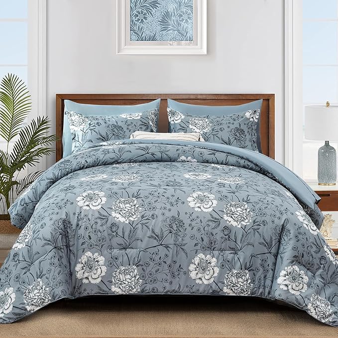 Yiran King Size Comforter Set 7 Piece Bed in a Bag Blue Floral Botanical Soft Microfiber Bedding Set Comforter for All Season Bed Set 104"×90"
