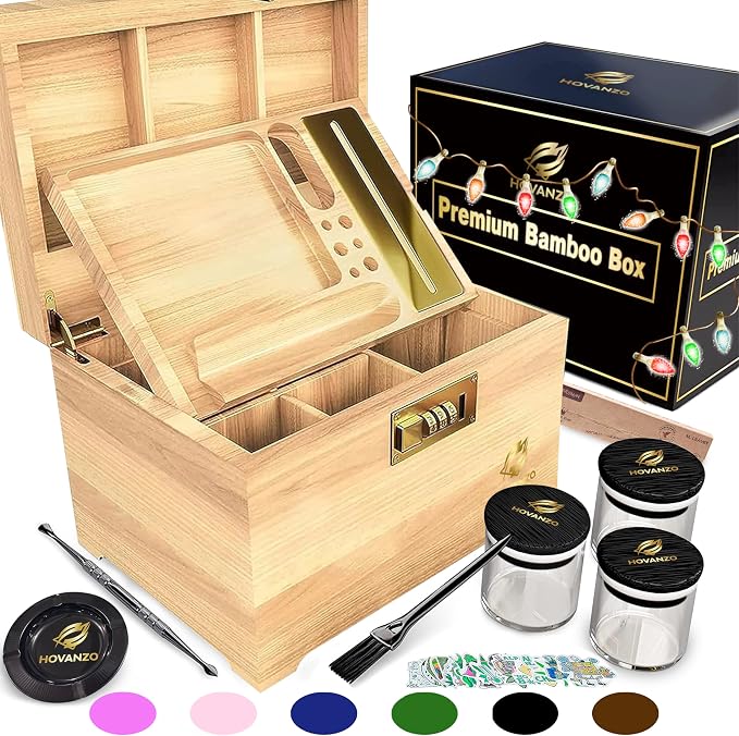 HOVANZO Premium Large Bamboo Storage Box with Removable Tray - Storage Wood Box for Herbs and Accessories - Storage Box Set with Combination Lock - Smell Proof Container with Accessories by hovanzo