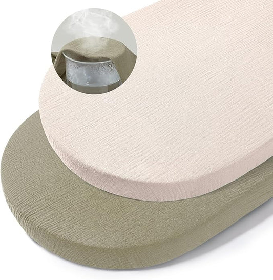 Basumee Muslin Bassinet Sheets for Baby Girl Boy 2 Pack Soft Breathable Baby Bedside Bassinet Fitted Sheets with Bottom Elastic Band Mattress Cover for Rectangle Oval Hourglass Bassinets