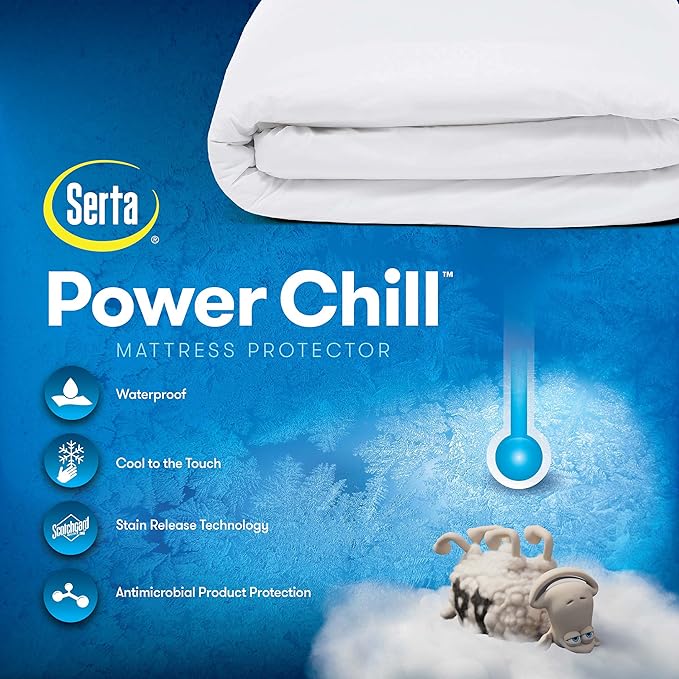 Serta Power Chill King Size Waterproof Mattress Cover, Soft and Breathable Cooling Mattress Protector, 15" Elastic Deep Pocket for Secure Fit, White