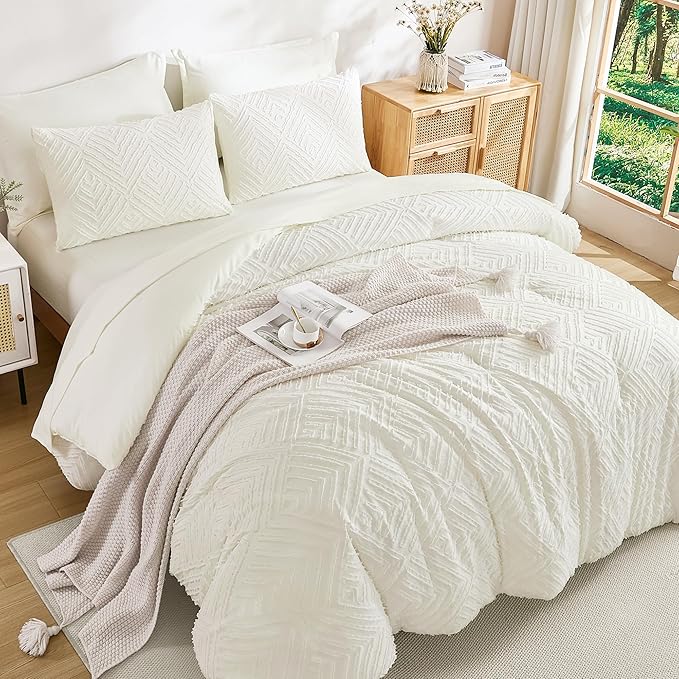 Andency King Size Comforter Set 7 Pieces Ivory - Bed in a Bag King Boho Lightweight Fluffy Tufted Bedding Sets with Quilt Comforter, Sheets, Pillowcases & Shams