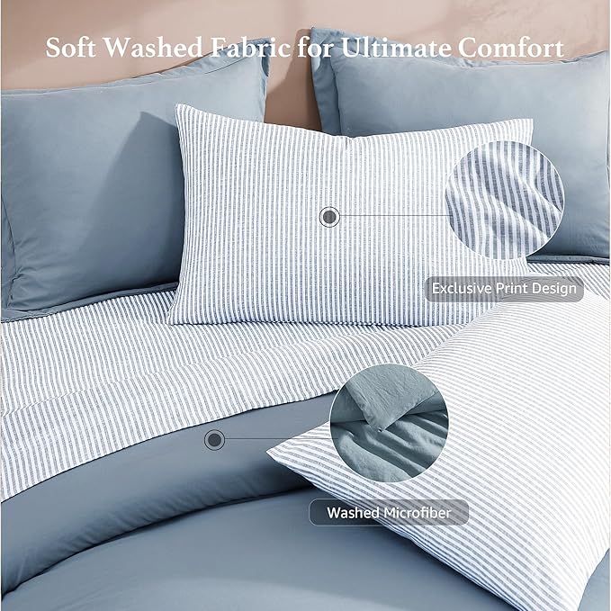 Monbix Oversized King Size Comforter Set - 7 Pieces Dusty Blue Prewashed Bed in a Bag Bedding Sets with Comforters, All Seasons Ultra Soft Comforter Bed Set with Sheets, Pillowcases & Shams