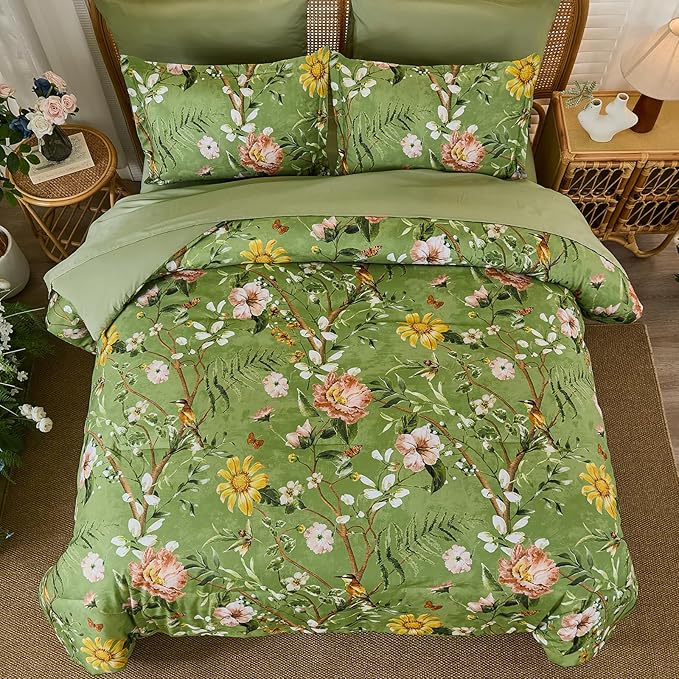 Yiran Sage Green Hibiscus Floral Comforter Set Queen Size, 7 Piece Bird Flowers Botanical Comforter Bedding Set, Vintage Bed in a Bag, Soft Microfiber Complete Bedding Set with Sheets for All Season