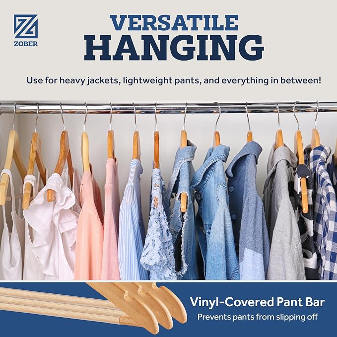 ZOBER High-Grade Wooden Hangers - Heavy Duty, Non Slip Wood Hangers for Coats, Jackets, Suits, & Pants - Clothes Hangers for Closet W/Bar and Notches 20 Pack - Image 6