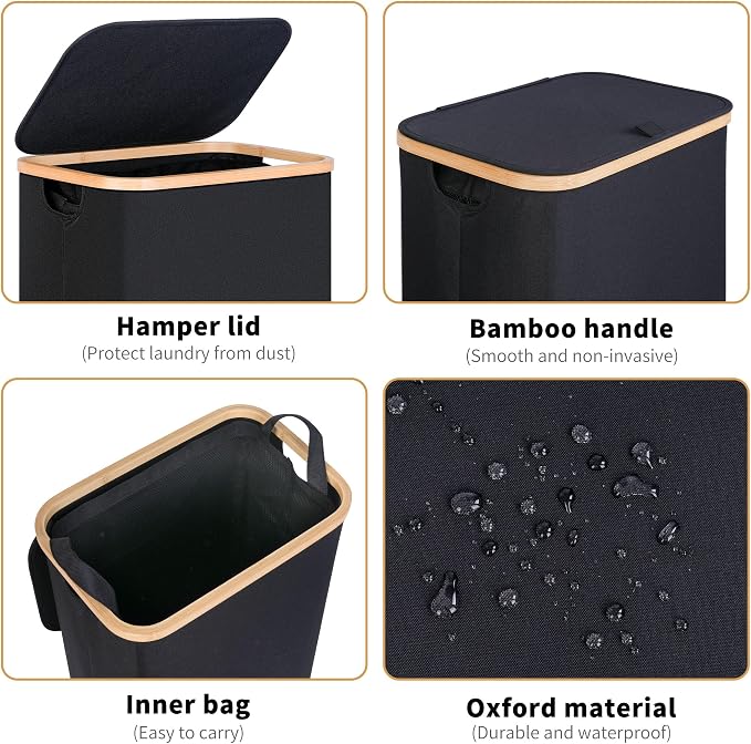 iEGrow 75L Slim Laundry Hamper, Narrow Laundry Basket with Lid,Foldable Clothes Hamper with Bamboo Handles,Hamper Basket with Removable Inner Bag for Laundry Room Bedroom College Dorm,19.8 Gals Black - Image 4