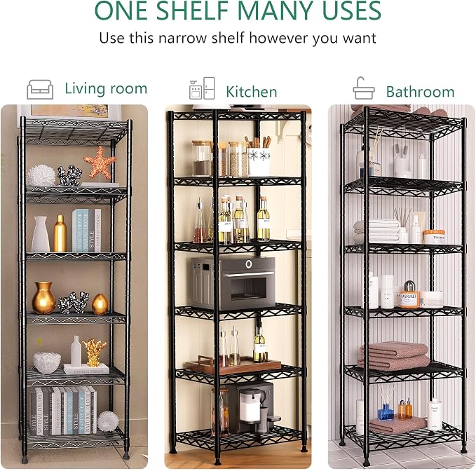 GIOTORENT 6-Tier Storage Shelves Standing Shelving Metal Units, Adjustable Height Wire Shelf Display Rack for Pantry Laundry Bathroom Kitchen 16.6” x 11.8” x 63”, Black - Image 5