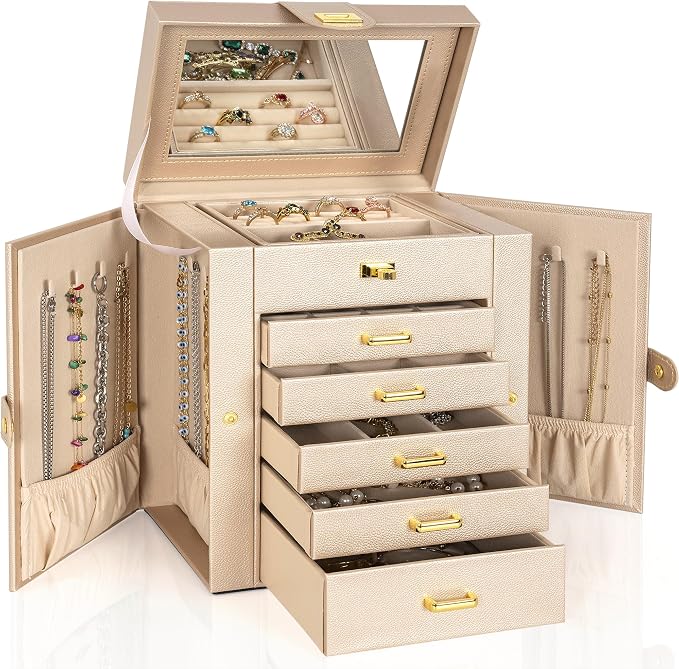 AKOZLIN 6-Tier Jewelry Box Organizer Functional Leather Jewelry Storage Case for Women Girls Ring Necklace Earring Bracelet Holder Organizer with Mirror by AKOZLIN