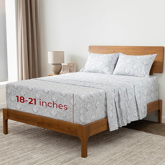 Mellanni Extra Deep King Sheets - 4 PC Iconic Collection Bedding - Hotel Luxury, Ultra Soft, Cooling Bed Sheets - Wrinkle, Fade, Stain Resistant (King, Paisley Gray)