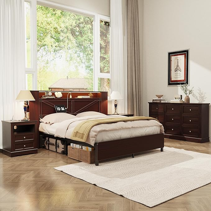 KIGOTY Farmhouse Bedroom Set, 3 Pcs Dresser and Nightstand Sets, 5 Drawer Dresser & 2 Drawer Nightstand Set with Charging Station,Rustic Wood Bedroom Furniture Set for Home,Brown