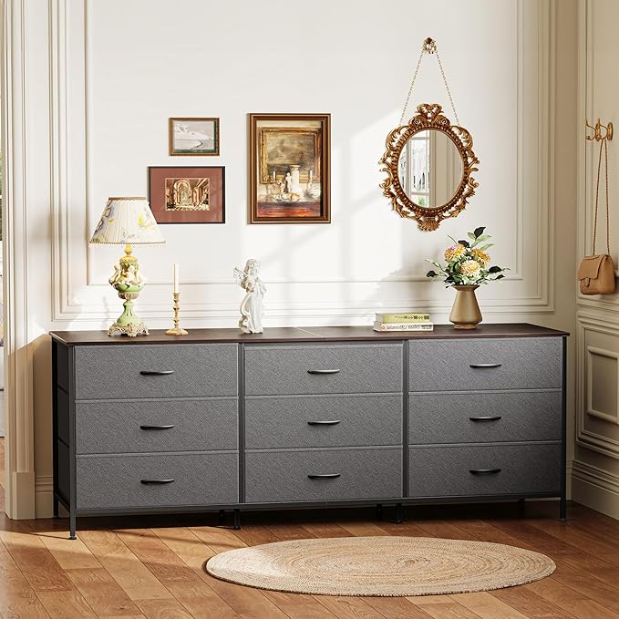Huuger 63 Inch Dresser for Bedroom, Dresser for Closet with 9 Fabric Drawers, Large TV Stand for 55, 65, 70 Inch TV, Entertainment Center with Storage, Wide Long Chest of Drawers, Walnut and Dark Grey
