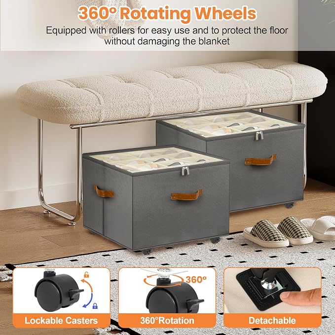 Foyego Shoe Organizer for Closet, 2 Pack Shoe Storage Organizer with Wheels and Adjustable Dividers, Stackable Shoe Storage Box with Clear Cover, Closet Shoe Organizer Fits up to 16-32 Pairs, Gray - Image 5