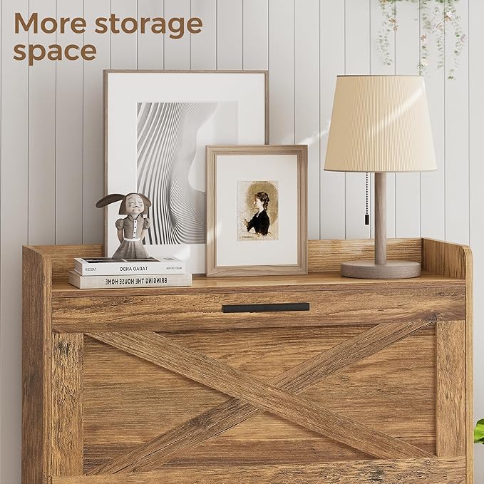 Homleke 32" W Farmhouse Shoe Storage Cabinet with 2 Flip Drawers and Barn Door Design, Adjustable Shelves, Hidden Slim Narrow Shoe Rack Cabinet for Entryway, Foyer, Hallway, Living Room, Rustic Walnut - Image 7
