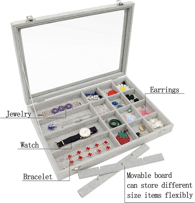 Stratalife Velvet Jewelry Organizer 24 Grid Jewelry Tray with Clear Glass Lid Display Showcase Storage Organizer Box for Earring Necklace Rings Dice Gray (24 Grids) - Image 2