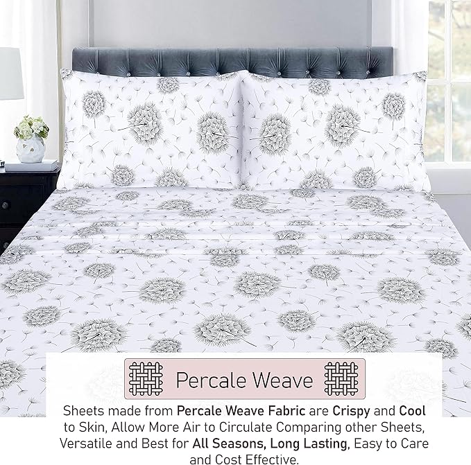 RUVANTI 100% Cotton Sheets – King Size Percale Bedding, Cooling & Breathable Floral Design, Durable with a Crisp, Soft & Comfortable Feel, 16" Deep Pocket, 4-Piece Set, Dandelion