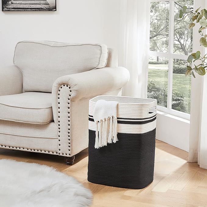 OIAHOMY Laundry Hamper-Laundry Basket,Tall Cotton Storage Basket with Handles,Decorative Blanket Basket for Living room,Collapsible Large Basket for Toys,Pillows,Clothes Organizer-16x13x22in-Black - Image 2