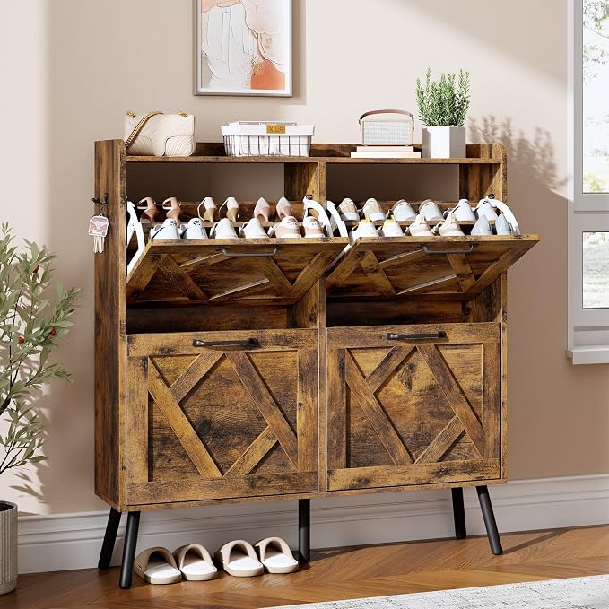 Nicetree Shoe Cabinet Storage for Entryway, Freestanding Shoe Storage Cabinet, Farmhouse Narrow Shoe Rack Cabinet for Entryway, Foyer, Hallway, Shoe Cabinet 4 Flip Drawers, Rustic Brown by Nicetree