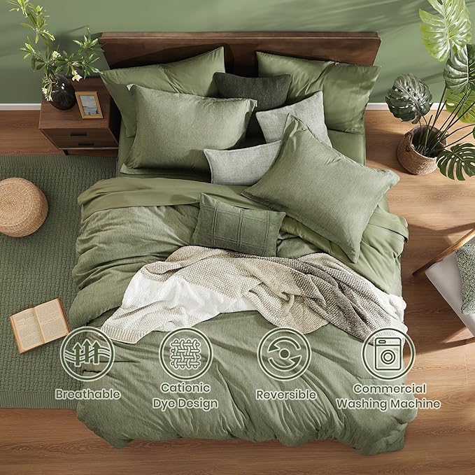Monbix California King Comforter Set - 7 Pieces Cationic Dyeing Sage Green Bed in a Bag Cal King Bed Sets with Comforter, Sheets, Pillowcases & Shams, Reversible Bedding Comforters Sets