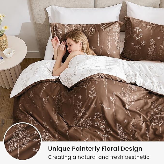 Love's cabin Chocolate Twin Comforter Set - Twin XL Size Comforter Set Dorm Bedding, 2 Pieces Cute Floral Bedding, Reversible Flowers Comforter, 1 Comforter & 1 Pillow Sham