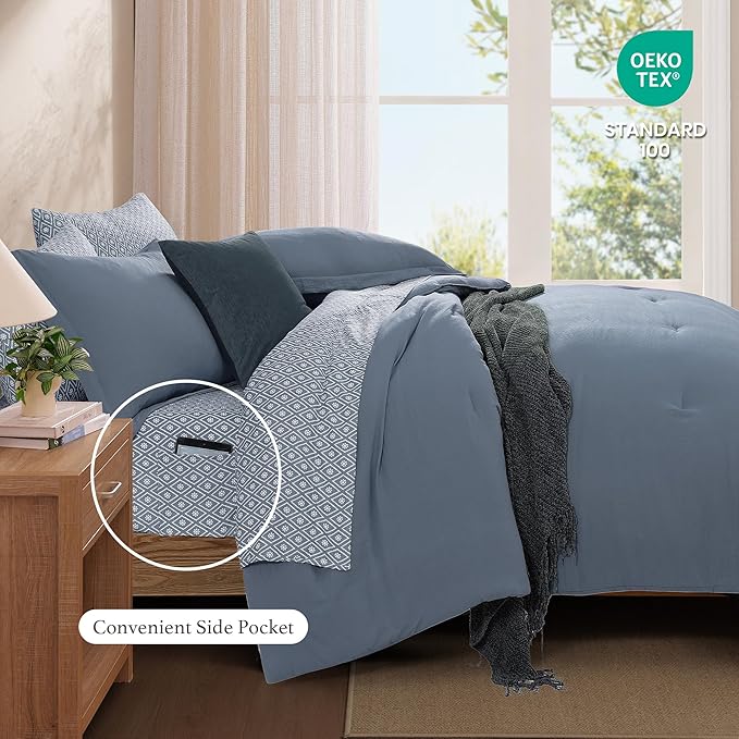Monbix Full Size Comforter Set - 7 Pieces Oxford Blue Prewashed Bed in a Bag Full Bedding Sets with Comforters, All Seasons Ultra Soft Comforter Bed Set with Sheets,Pillowcases & Shams