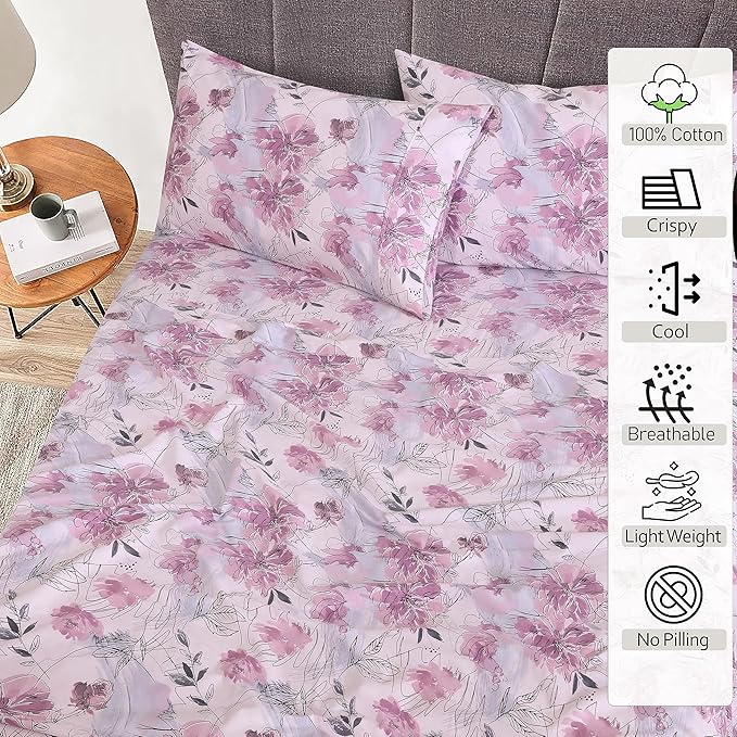 RUVANTI 100% Cotton Sheets – King Size Percale Bedding, Cooling & Breathable Floral Design, Durable with a Crisp, Soft & Comfortable Feel, 16" Deep Pocket, 4-Piece Set, Lilac Floral